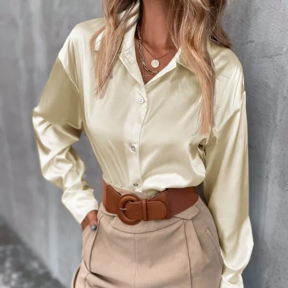 Black Classic button up Satin Boyfriend Work Top Minimalist - Picture 9 of 16